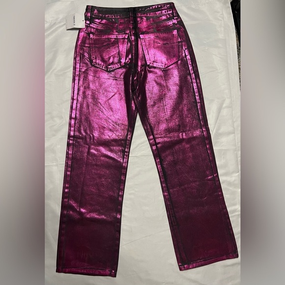 Forever 21 Metallic Foil Pink Black Straight Leg Jeans 26 - Picture 6 of 16